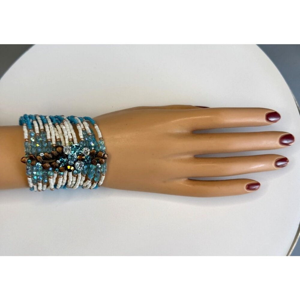 Title:Aqua Boho Wide Cuff Statement Bracelet Seed Beads Rhinestone Center Adjus - Picture 7 of 9